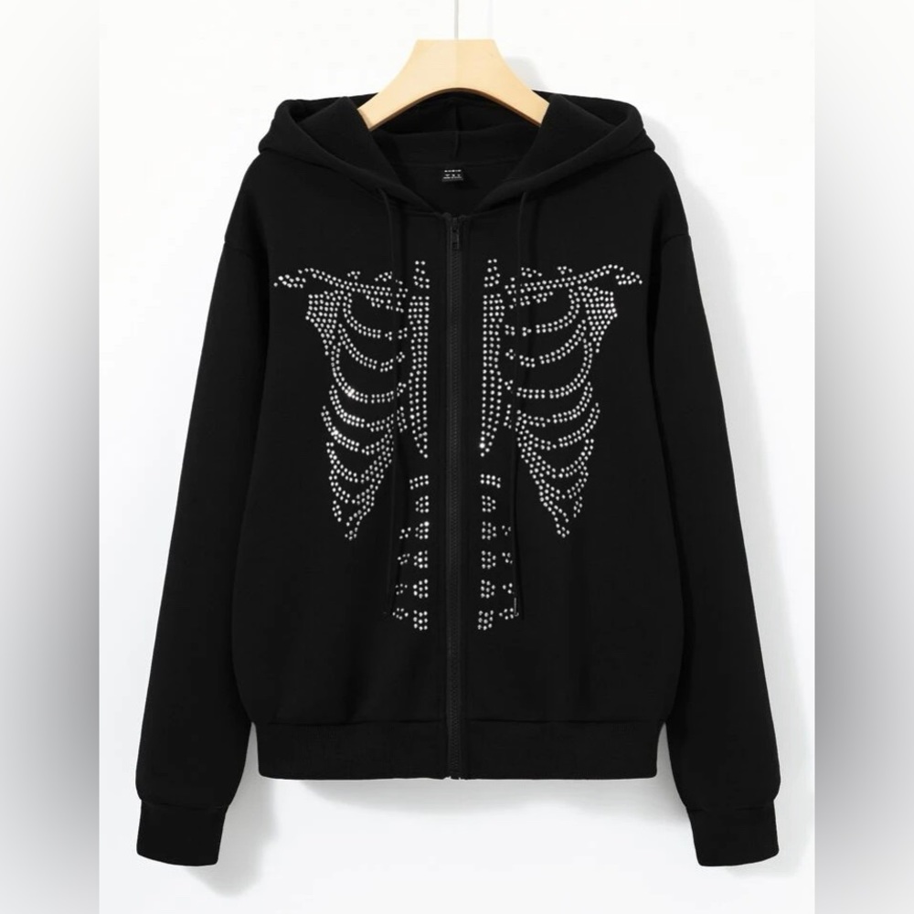 Rhinestone skeleton zip up hoodie